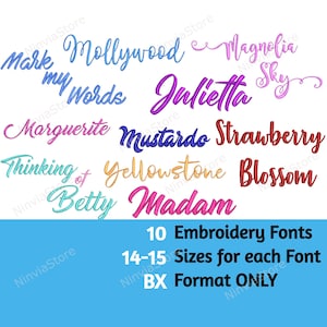 Könnte beinhalten: Eine Sammlung von 10 Stick-Schriftarten in verschiedenen Farben, darunter Pink, Blau, Rot, Gelb und Orange. Die Schriftarten werden in verschiedenen Stilen angezeigt, darunter Kursivschrift, Schreibschrift und Blockbuchstaben. Der Text "10 Embroidery Fonts 14-15 Sizes for each Font BX Format ONLY" wird am unteren Rand des Bildes angezeigt.
