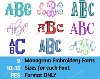 9 PES Monogram Embroidery Fonts Bundle, Block Monogram Alphabet Embroidery Design, Machine Embroidery Font pe, Script Monogram PES Font