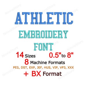 Fuente de bordado atlético - BX PES + 7 formatos - Diseño de bordado a máquina con monogramas - Estilo universitario