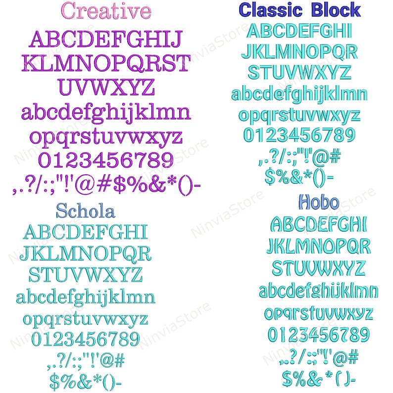 K&ouml;nnte beinhalten: Ein digitales Bild, das vier verschiedene Schriftstile zeigt: Creative, Classic Block, Schola und Hobo. Jeder Schriftstil enth&auml;lt Gro&szlig;- und Kleinbuchstaben, Zahlen und Satzzeichen. Die Schriften werden in einem t&uuml;rkisfarbenen und violetten Farbschema angezeigt.