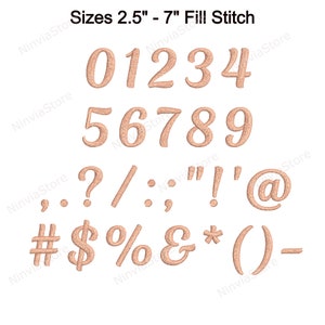 May include: A set of embroidery designs for numbers, punctuation marks, and symbols. The designs are in a cursive font and are available in sizes from 2.5 inches to 7 inches.