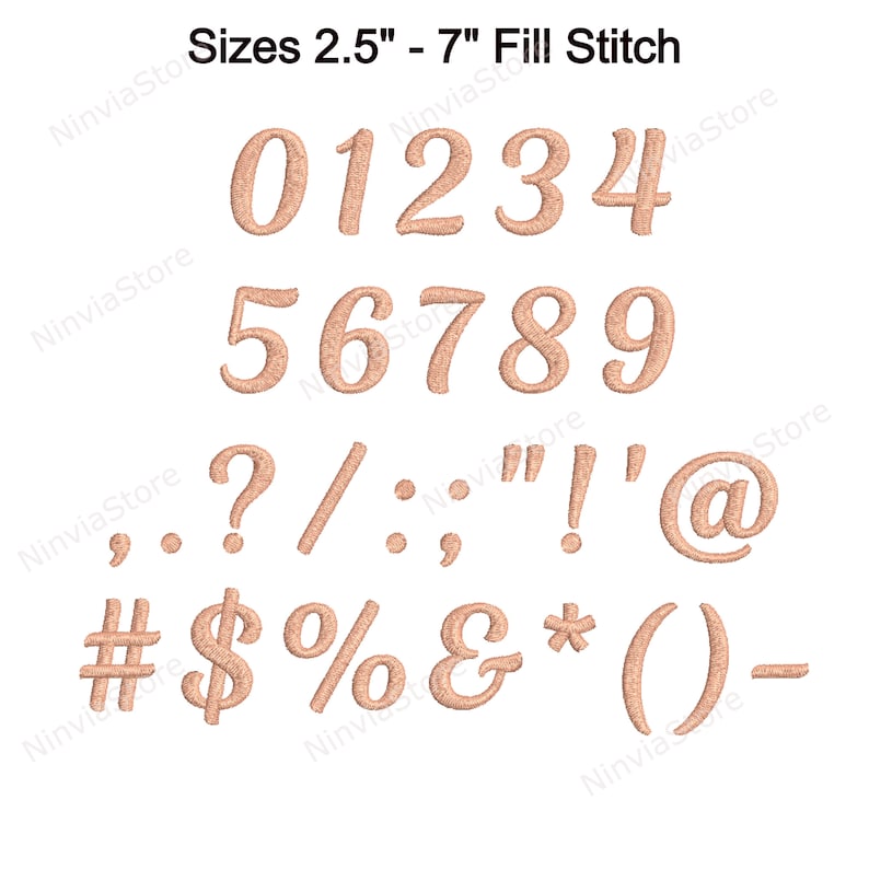 May include: A set of embroidery designs for numbers, punctuation marks, and symbols. The designs are in a cursive font and are available in sizes from 2.5 inches to 7 inches.