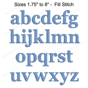 May include: A set of uppercase letters from A to Z in a light blue fill stitch embroidery font. The letters are arranged in three rows. The text "Sizes 1.75" to 8" - Fill Stitch" is at the top of the image.