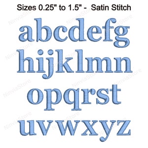May include: A set of uppercase letters in a light blue satin stitch font. The letters are arranged in three rows, with the first row being a, b, c, d, e, f, and g. The second row is h, i, j, k, l, m, and n. The third row is o, p, q, r, s, t, u, v, w, x, y, and z. The letters are sized from 0.25 inches to 1.5 inches.