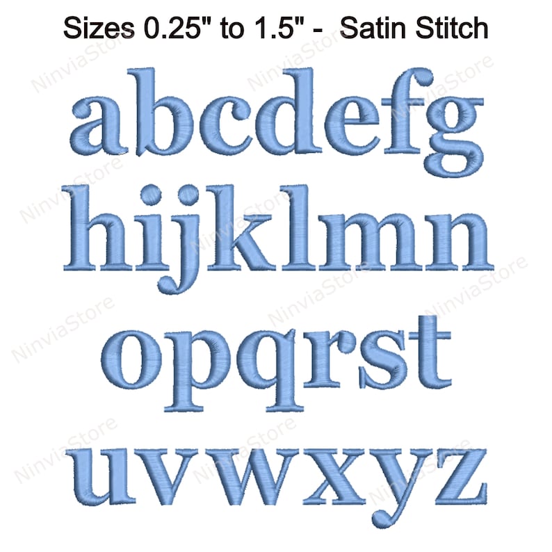 May include: A set of uppercase letters in a light blue satin stitch font. The letters are arranged in three rows, with the first row being a, b, c, d, e, f, and g. The second row is h, i, j, k, l, m, and n. The third row is o, p, q, r, s, t, u, v, w, x, y, and z. The letters are sized from 0.25 inches to 1.5 inches.