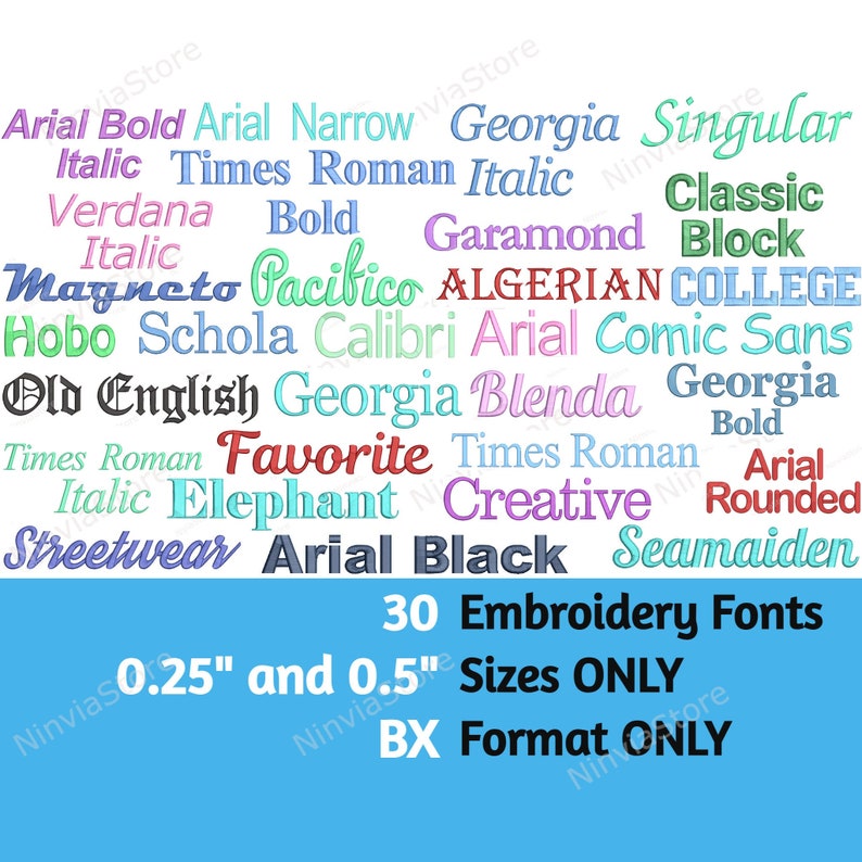 K&ouml;nnte beinhalten: Ein blauer Hintergrund mit wei&szlig;em Text, der 30 Stickfonts in verschiedenen Farben auflistet. Der Text enth&auml;lt auch die Gr&ouml;&szlig;en 0,25" und 0,5" sowie das Format BX.