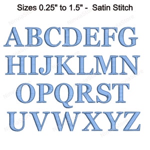 May include: A set of uppercase letters A through Z in a light blue satin stitch font. The letters are arranged in three rows. The text "Sizes 0.25" to 1.5" - Satin Stitch" is at the top of the image.