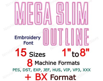 Fuente de bordado de contorno Mega Slim, letras de bloque delineadas BX PES, diseño de bordado a máquina, alfabeto de monograma