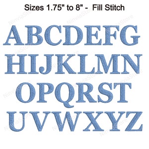 May include: A blue alphabet in a fill stitch embroidery font. The letters are in uppercase and range in size from 1.75 inches to 8 inches.
