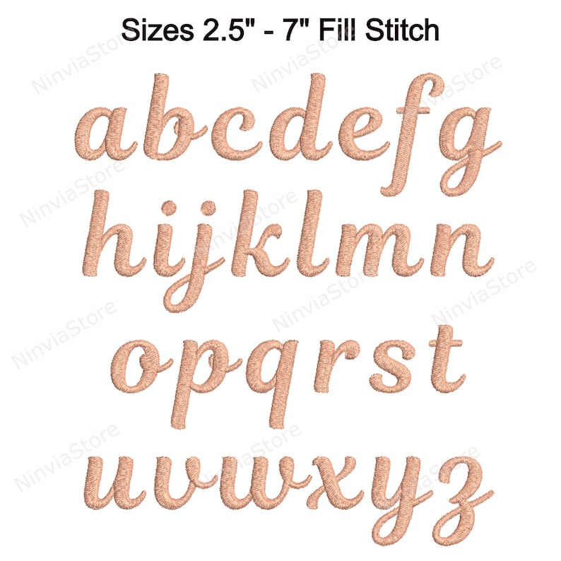 May include: A set of uppercase letters in a cursive font, embroidered in a light brown colour. The letters are arranged in three rows, with the first row being a, b, c, d, e, f, and g. The second row is h, i, j, k, l, m, and n. The third row is o, p, q, r, s, t, u, v, w, x, y, and z. The letters are designed for embroidery projects and are available in sizes from 2.5 inches to 7 inches.