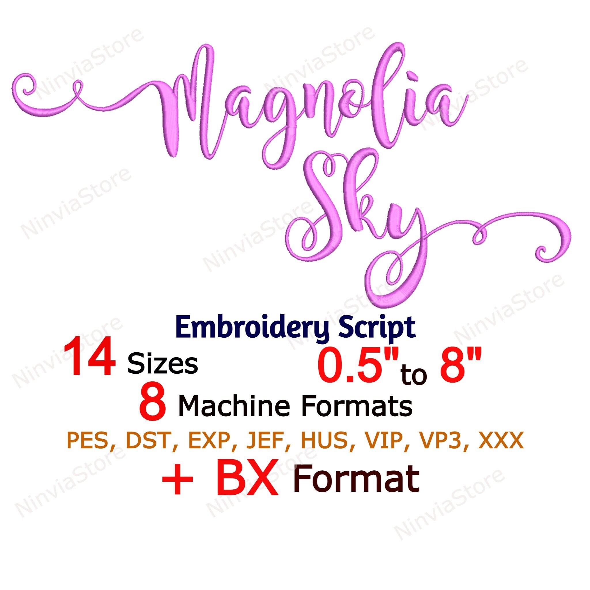 Fuente de bordado Magnolia Sky Script, fuente de caligrafía pe, fuente monograma PES, fuente BX para bordado, fuente pe, fuente cursiva de máquina alfabética