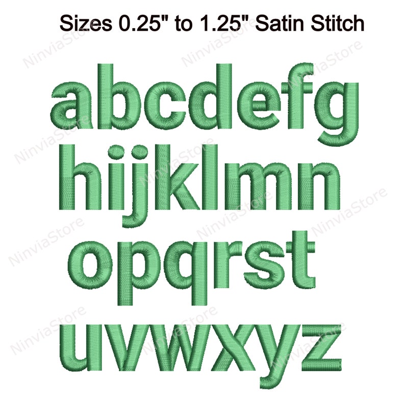 May include: A set of uppercase letters in a green satin stitch font. The letters are arranged in three rows, with the first row being a, b, c, d, e, f, and g. The second row is h, i, j, k, l, m, and n. The third row is o, p, q, r, s, t, u, v, w, x, y, and z. The letters are all in a green satin stitch font, which is a type of embroidery that creates a smooth, shiny surface.