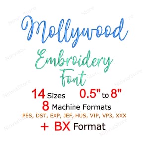 Fuente de bordado Mollywood Script, fuente BX para bordado, fuente de caligrafía PE, fuente cursiva de máquina del alfabeto DST, fuente de monograma PES, fuente PE