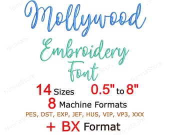 Mollywood Script Embroidery Font, BX Font for Embroidery, Calligraphy Font pe, Alphabet Machine Cursive Font DST, PES Monogram Font, pe Font