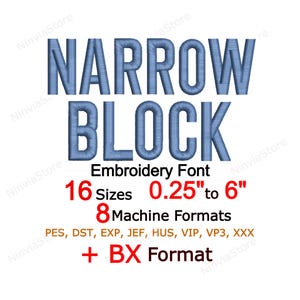 Fuente de bordado de bloque estrecho - Diseño de bordado a máquina con monogramas en BX PES + 7 formatos - Solo letras mayúsculas