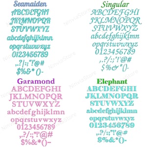 K&ouml;nnte beinhalten: Das Bild zeigt vier verschiedene Schriftstile. Die Schriften sind Seamaiden, Singular, Garamond und Elephant. Jede Schriftart wird in einer anderen Farbe angezeigt. Die Schriften werden in Gro&szlig;- und Kleinbuchstaben, Zahlen und Satzzeichen angezeigt.