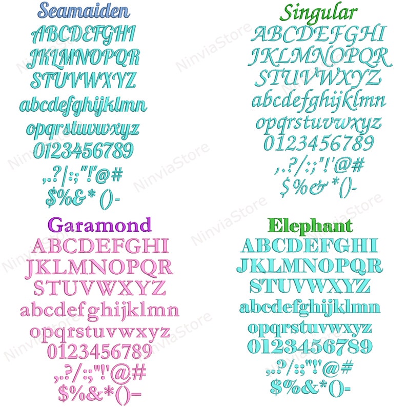 K&ouml;nnte beinhalten: Das Bild zeigt vier verschiedene Schriftstile. Die Schriften sind Seamaiden, Singular, Garamond und Elephant. Jede Schriftart wird in einer anderen Farbe angezeigt. Die Schriften werden in Gro&szlig;- und Kleinbuchstaben, Zahlen und Satzzeichen angezeigt.