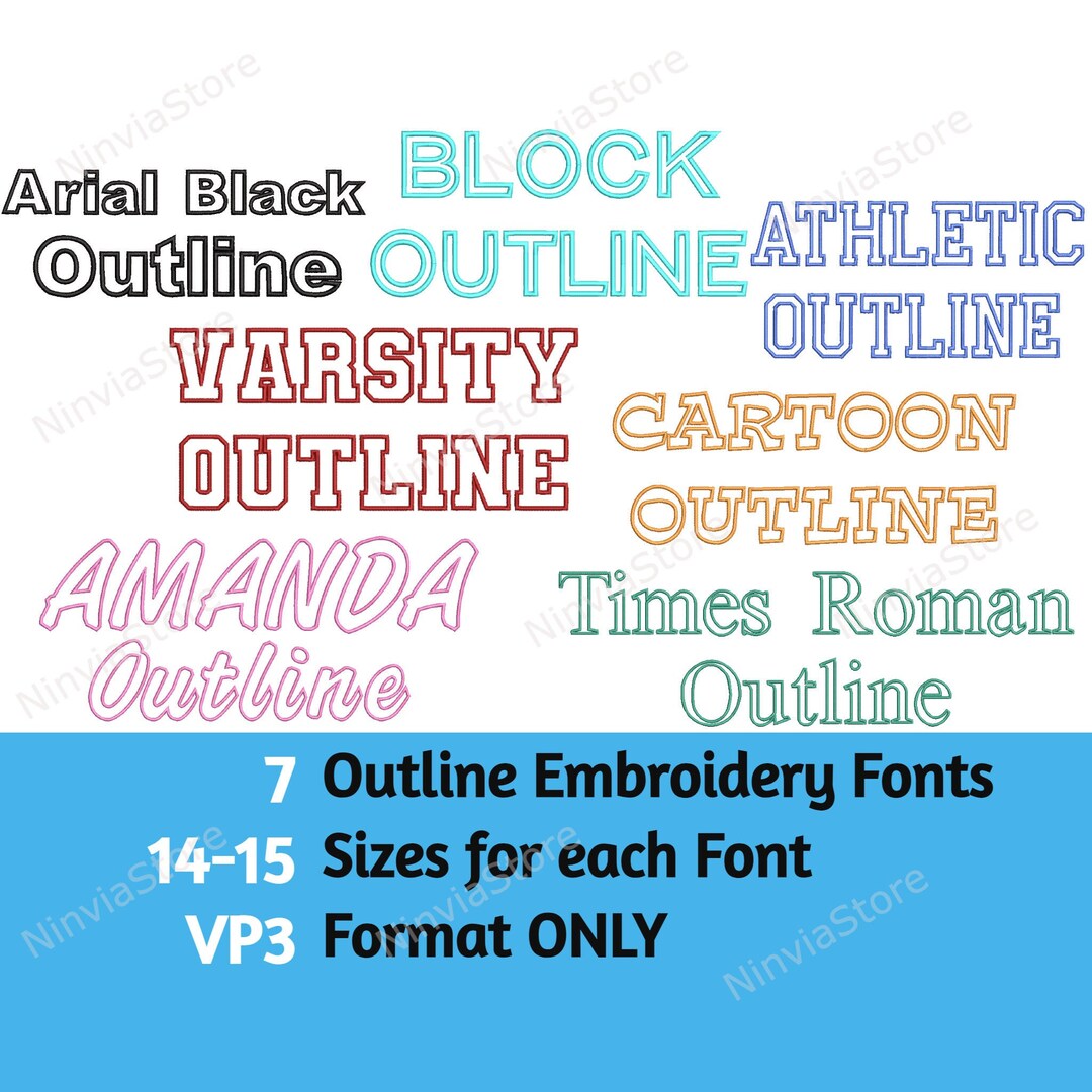 7 VP3 Outline Embroidery Fonts Bundle, Machine Embroidery Font VP3
