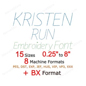 Font da ricamo Kristen Run, lettere corsive a punto fagiolo, disegno per ricamo a macchina con alfabeto monogramma, BX PES + 7 formati