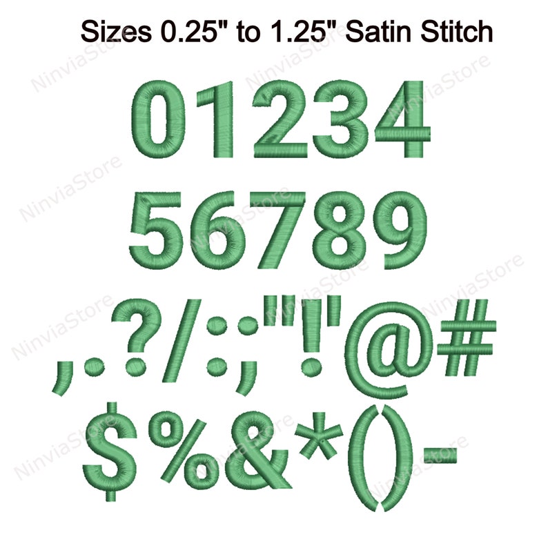 May include: Green satin stitch embroidery font with numbers 0-9, punctuation marks, and symbols. The font is available in sizes from 0.25 inches to 1.25 inches.