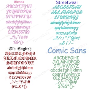 K&ouml;nnte beinhalten: Ein visueller Vergleich verschiedener Schriftstile. Die Schriften werden in einem Raster mit den Namen "Blenda", "Streetwear", "Old English" und "Comic Sans" angezeigt. Jede Schrift zeigt das Alphabet in Gro&szlig;- und Kleinschreibung, die Zahlen 0-9 und Satzzeichen.