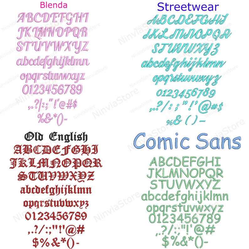 K&ouml;nnte beinhalten: Ein visueller Vergleich verschiedener Schriftstile. Die Schriften werden in einem Raster mit den Namen "Blenda", "Streetwear", "Old English" und "Comic Sans" angezeigt. Jede Schrift zeigt das Alphabet in Gro&szlig;- und Kleinschreibung, die Zahlen 0-9 und Satzzeichen.