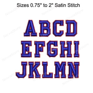 May include: A set of uppercase letters A through N in a blue satin stitch with a red outline. The letters are available in sizes from 0.75 inches to 2 inches.