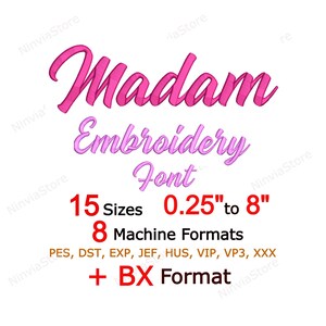 Font da ricamo Madam, font script, font monogramma PES, font BX per ricamo, disegno per ricamo a macchina con alfabeto, font da ricamo piccolo BX