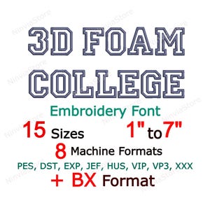Fuente bordada universitaria con contorno de espuma 3D BX PES, diseño de bordado a máquina del alfabeto atlético universitario, letras hinchadas en relieve