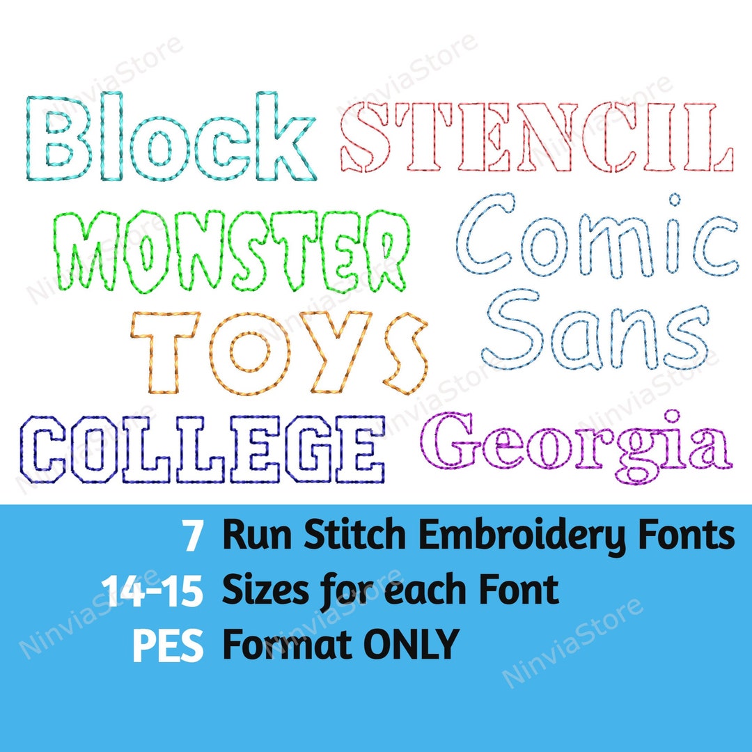 7 PES Embroidery Font Bundle, Run Stitch Machine Embroidery Font Pe