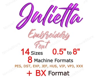 Fuente de bordado Julietta BX PES + 7 formatos, monograma cursivo, diseño de bordado a máquina con alfabeto cursivo