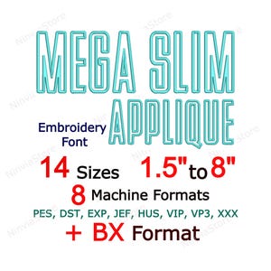 Mega Slim Block Applique Embroidery Font, Machine Embroidery Design, Narrow Alphabet BX PES + 7 Formats