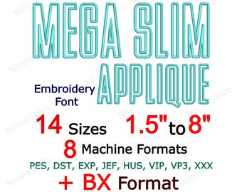 Mega Slim Block Applikation Schrift, Maschinenstickerei, schmales Alphabet BOX PES + 7 Formate