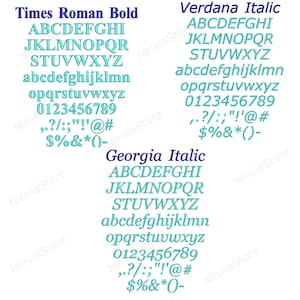 K&ouml;nnte beinhalten: Eine Grafik, die drei verschiedene Schriftstile zeigt: Times Roman Bold, Verdana Italic und Georgia Italic. Jeder Schriftstil zeigt das Alphabet in Gro&szlig;- und Kleinschreibung, die Zahlen 0-9 und Satzzeichen.
