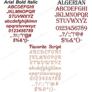 K&ouml;nnte beinhalten: Ein digitales Bild, das drei verschiedene Schriftstile zeigt: Arial Fett Kursiv, Algerien und Lieblingsschrift. Jeder Schriftstil zeigt das Alphabet in Gro&szlig;- und Kleinschreibung, die Zahlen 0-9 und Satzzeichen. Die Schriftstile werden in Rot und Beige angezeigt.