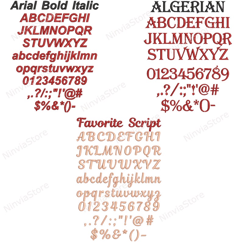 K&ouml;nnte beinhalten: Ein digitales Bild, das drei verschiedene Schriftstile zeigt: Arial Fett Kursiv, Algerien und Lieblingsschrift. Jeder Schriftstil zeigt das Alphabet in Gro&szlig;- und Kleinschreibung, die Zahlen 0-9 und Satzzeichen. Die Schriftstile werden in Rot und Beige angezeigt.