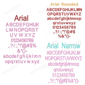 K&ouml;nnte beinhalten: Ein digitales Bild, das drei verschiedene Schriftstile zeigt: Arial, Arial Rounded und Arial Narrow. Jeder Schriftstil wird in Pink dargestellt, wobei der Schriftname in einer anderen Farbe angezeigt wird. Das Bild zeigt das Alphabet in Gro&szlig;- und Kleinschreibung, Zahlen und Satzzeichen.