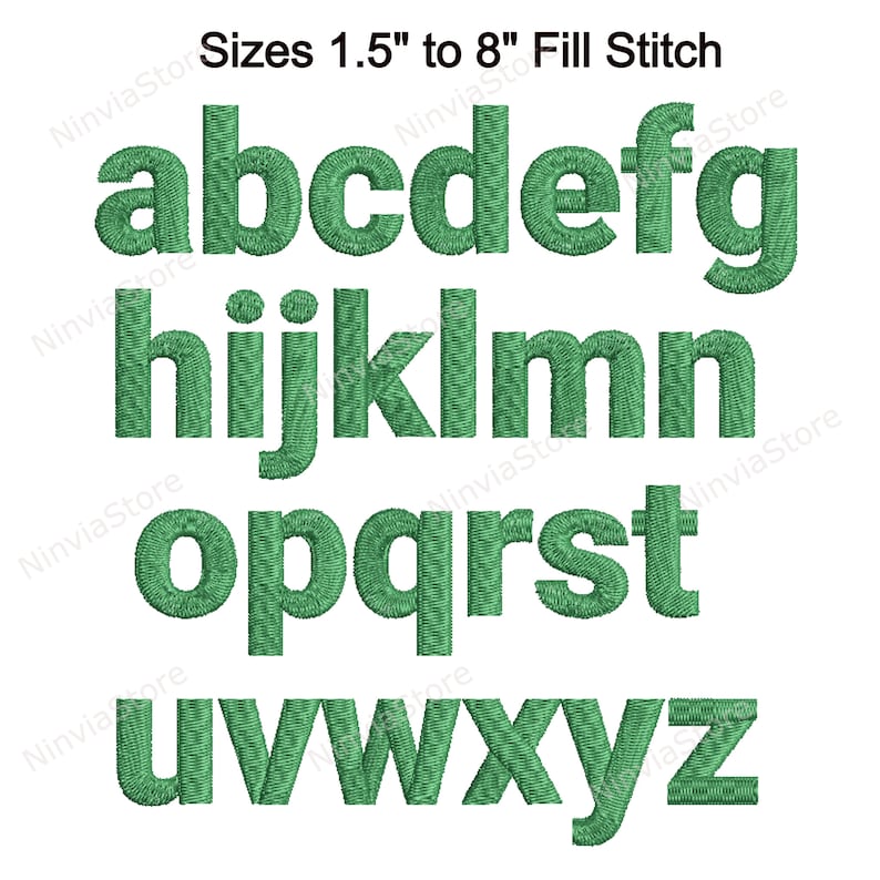 May include: Green embroidered alphabet letters in uppercase, sizes 1.5 inches to 8 inches, fill stitch.