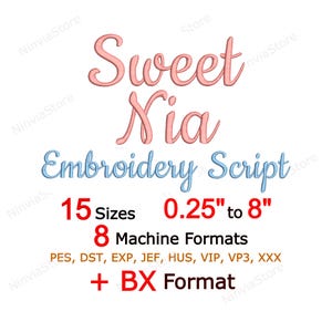 Escritura de bordado Sweet Nia, fuente cursiva pe, diseño de bordado a máquina del alfabeto PES BX, letras caligráficas
