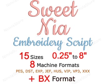 Sweet Nia Embroidery Script, Cursive Font pe, PES BX Alphabet Machine Embroidery Design, Calligraphy Letters