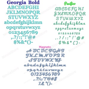 K&ouml;nnte beinhalten: Ein digitales Bild, das drei verschiedene Schriftstile zeigt: Georgia Bold, Pacifico und Magneto. Jeder Schriftstil zeigt das Alphabet in Gro&szlig;- und Kleinbuchstaben, die Zahlen 0-9 und Satzzeichen. Die Schriften werden in einem hellblauen, gr&uuml;nen und grauen Farbschema angezeigt.