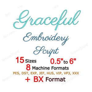 Carattere ricamo Graceful Script - Monogramma corsivo BX PES + 7 formati - Disegno per ricamo a macchina con alfabeto scritto a mano