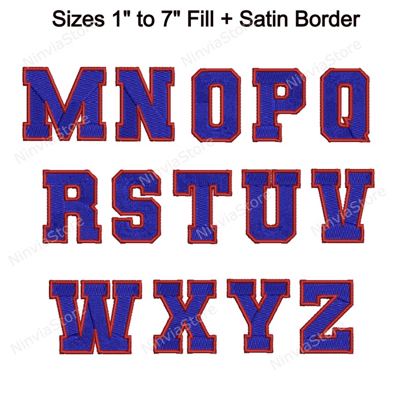 Op de afbeelding: Geborduurde letters M tot en met Z in blauw met een rode satijnen rand. De letters zijn verkrijgbaar in de maten 1 tot 7 inch.