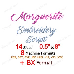 Fuente de bordado Marguerite Script, fuente de caligrafía pe, fuente de monograma PES, fuente BX para bordado, fuente pe, fuente cursiva a máquina del alfabeto, fuente DST