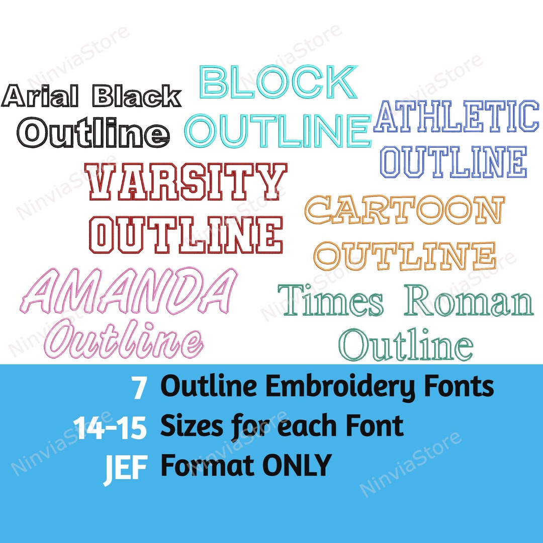 7 JEF Outline Embroidery Fonts Bundle, Machine Embroidery Font JEF