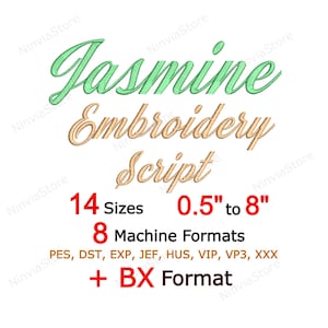 Fuente de bordado cursiva Jasmine, letras de script BX PES, diseño de bordado a máquina del alfabeto caligráfico