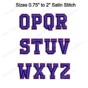 May include: A set of uppercase letters O, P, Q, R, S, T, U, V, W, X, Y, and Z in a blue satin stitch with a red outline. The letters are available in sizes from 0.75 inches to 2 inches.