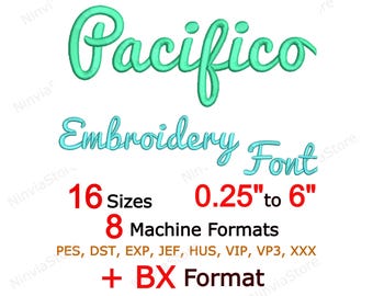 Pacifico Embroidery Font, BX PES Script Caligraphy Handwritten Letters, Cursive Alphabet Machine Embroidery Design