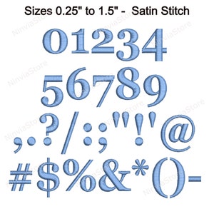 May include: A set of blue satin stitch embroidery designs for numbers 0-9, punctuation marks, and symbols. The designs are available in sizes from 0.25 inches to 1.5 inches.