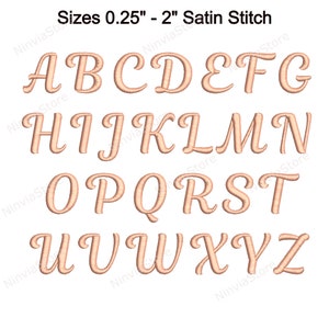 May include: A set of uppercase letters in a cursive font, embroidered in a satin stitch. The letters are in a light peach colour and range in size from 0.25 inches to 2 inches.